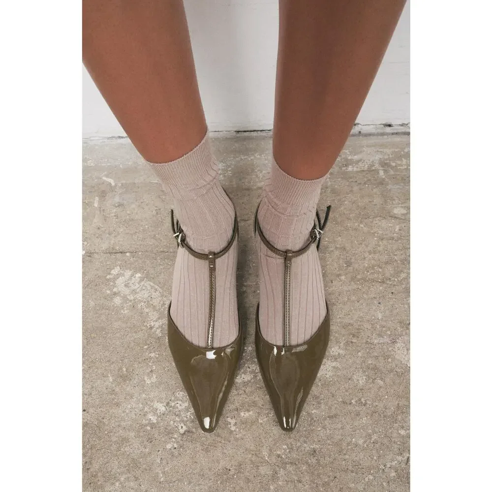 Zara Olive Green Pointed Toe T-Strap Slingback Heels NWT - Picture 10 of 16